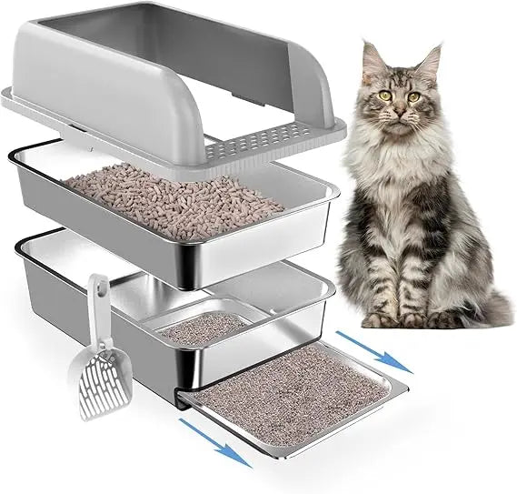 Extra Large Stainless Steel Sifting Litter Box with Removable Drawer for Pine Pellets, XL Enclosed Cat Litter Box with Lid for E