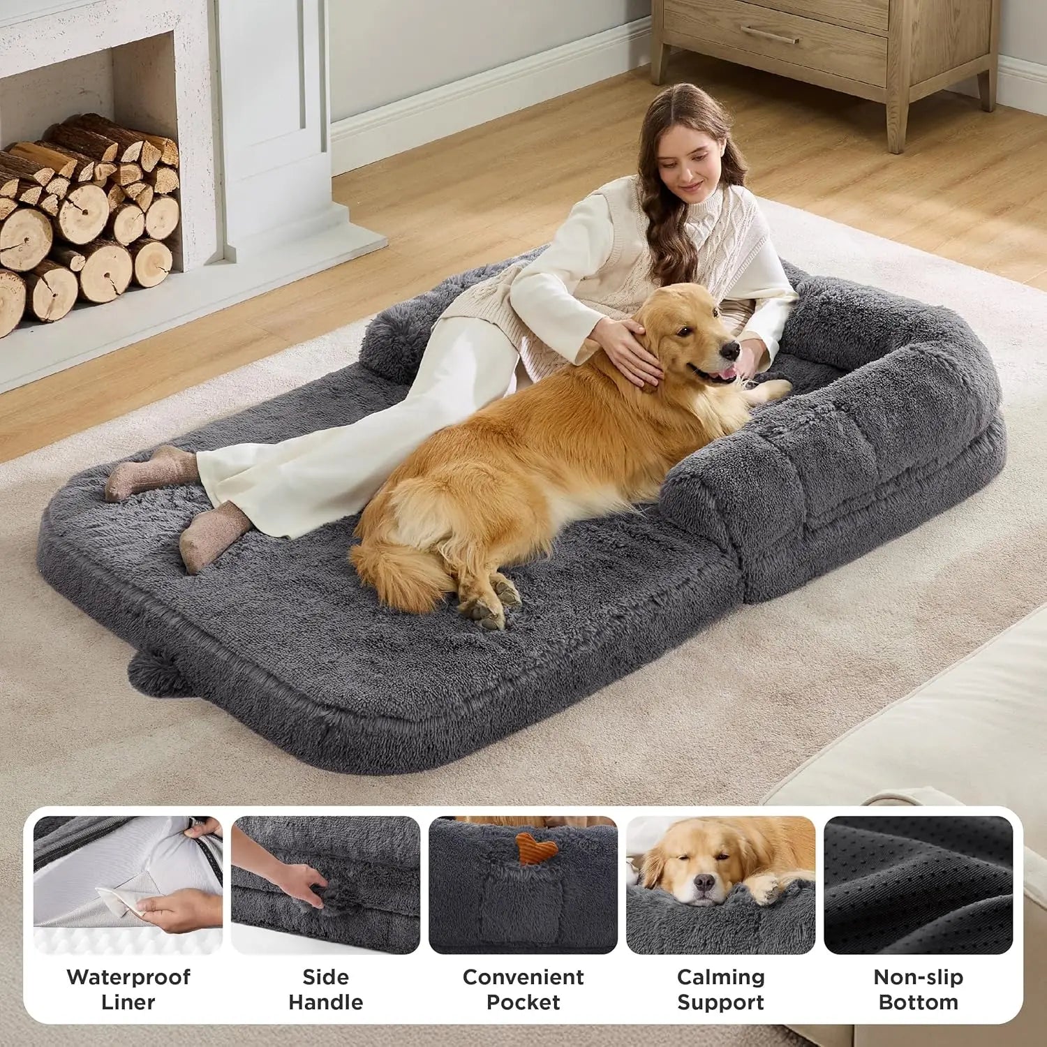 Foldable Human Dog Bed - 2-in-1 Orthopedic Foam, Waterproof, Faux Fur, Dark Grey for Adults and Pets
