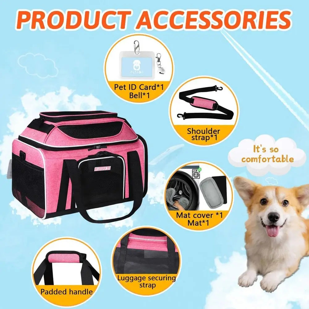 Expandable Pet Carrier 17x11x9.5 for Small Cats & Dogs, Airline Approved, Locking Zippers, Anti-Scratch Mesh, Pink