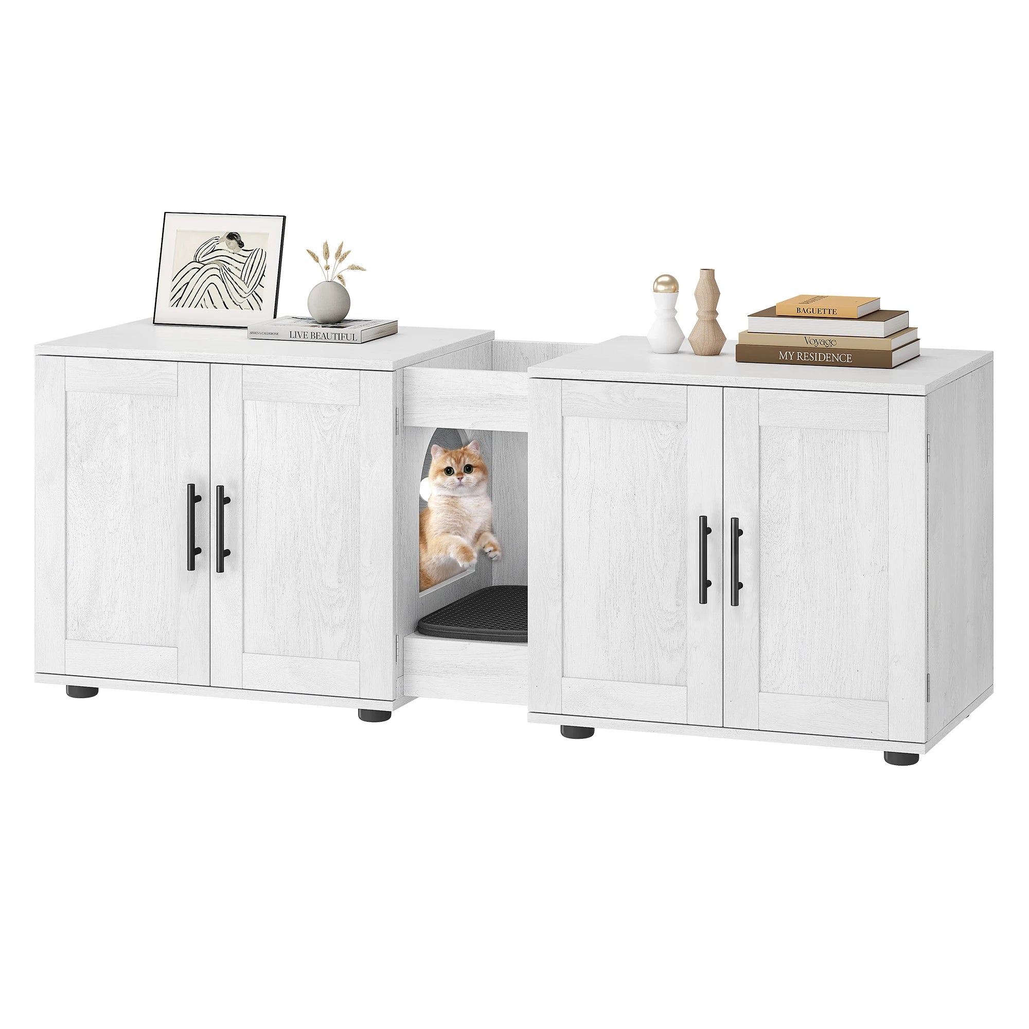 Double-Room Cat Litter Box Enclosure Furniture for 2 Cats - Wooden Design Discreet Home Decor Solution with Integrated Storage