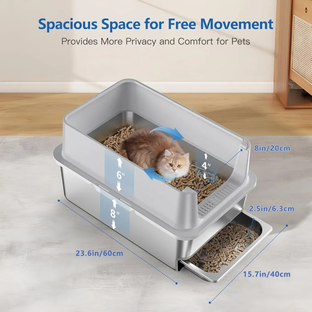 Extra Large Stainless Steel Sifting Litter Box with Drawers, 6 Lid & Metal Scoop, Ideal for XL Cats, Easy Clean Litter Tray