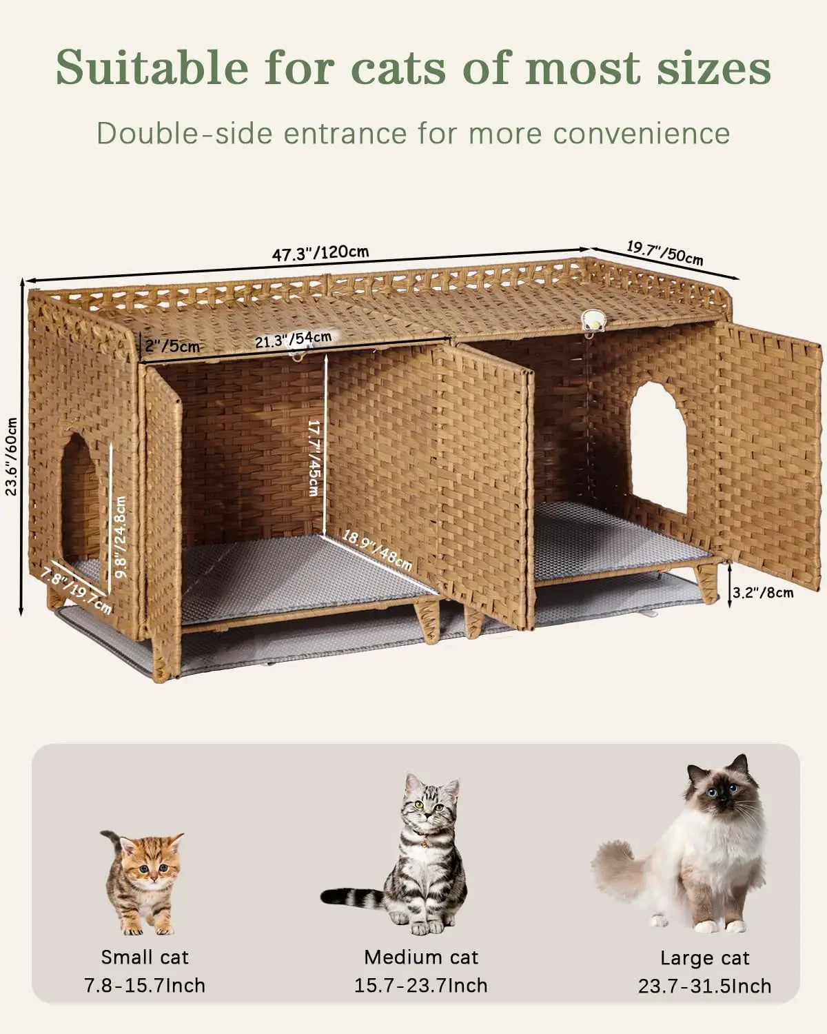 Cat Litter Box Enclosure for 2 Cats, Double Litter Box Furniture with Litter Mat,Large Rattan Hidden Kitty Cat House with Double