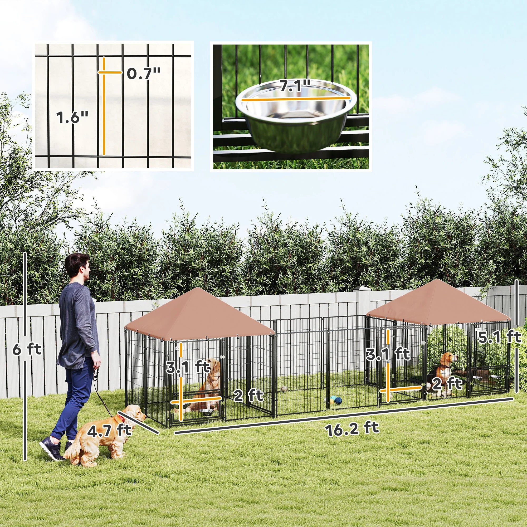 Dog Kennel Outdoor with Rotating & Adjustable Height Bowls