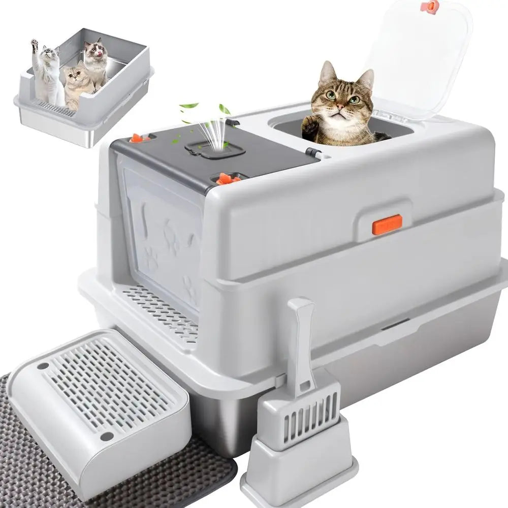 Extra Large 28 L×20 W Odor-Control Stainless Steel Cat Litter Box, 4-in-1 Cat Metal Litter Box Set, Enclosed Removable Metal Lit