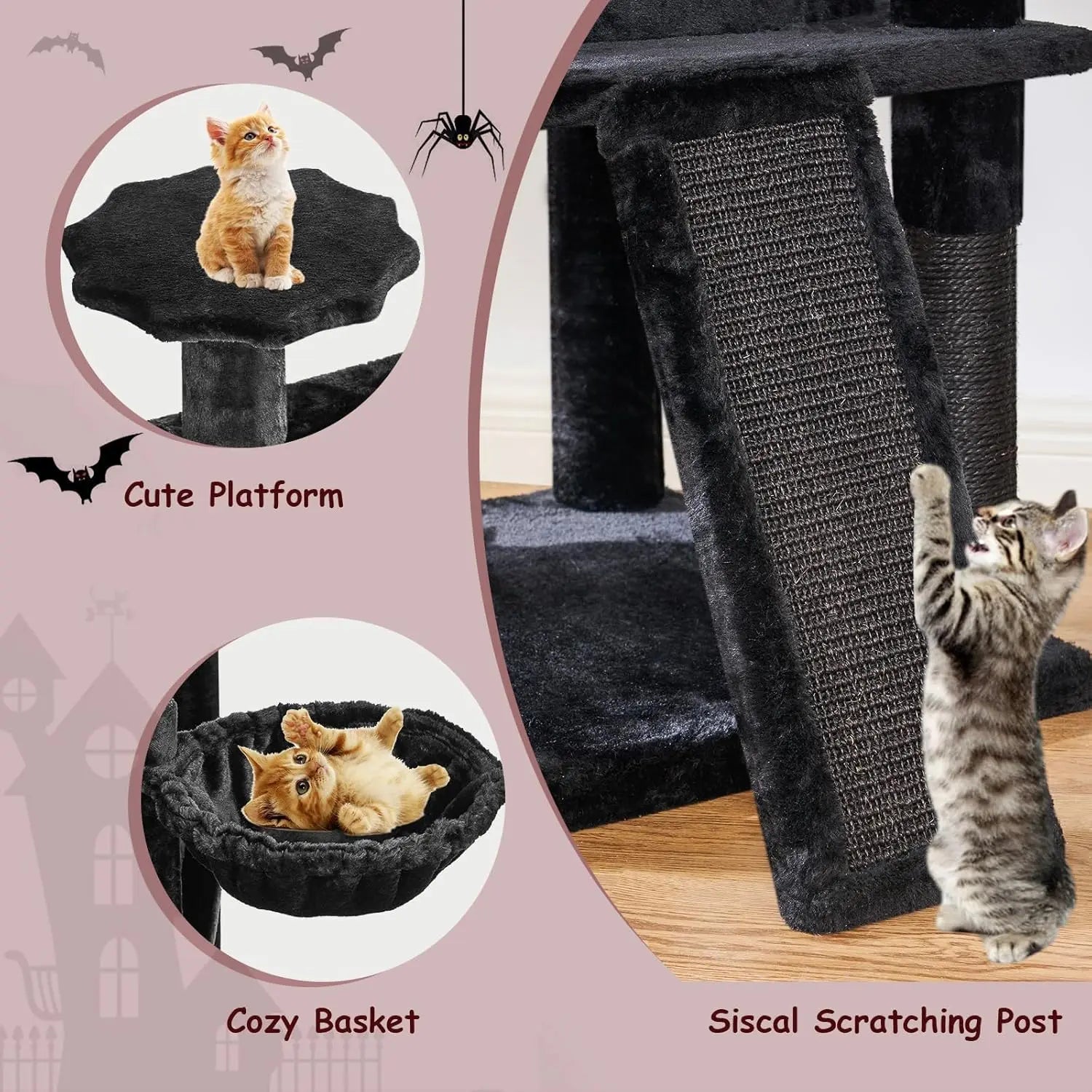Gothic Cat Tree with Coffin Bed, Multi-Level Tower for Indoor Cats, Halloween Decor, Black and Red Design