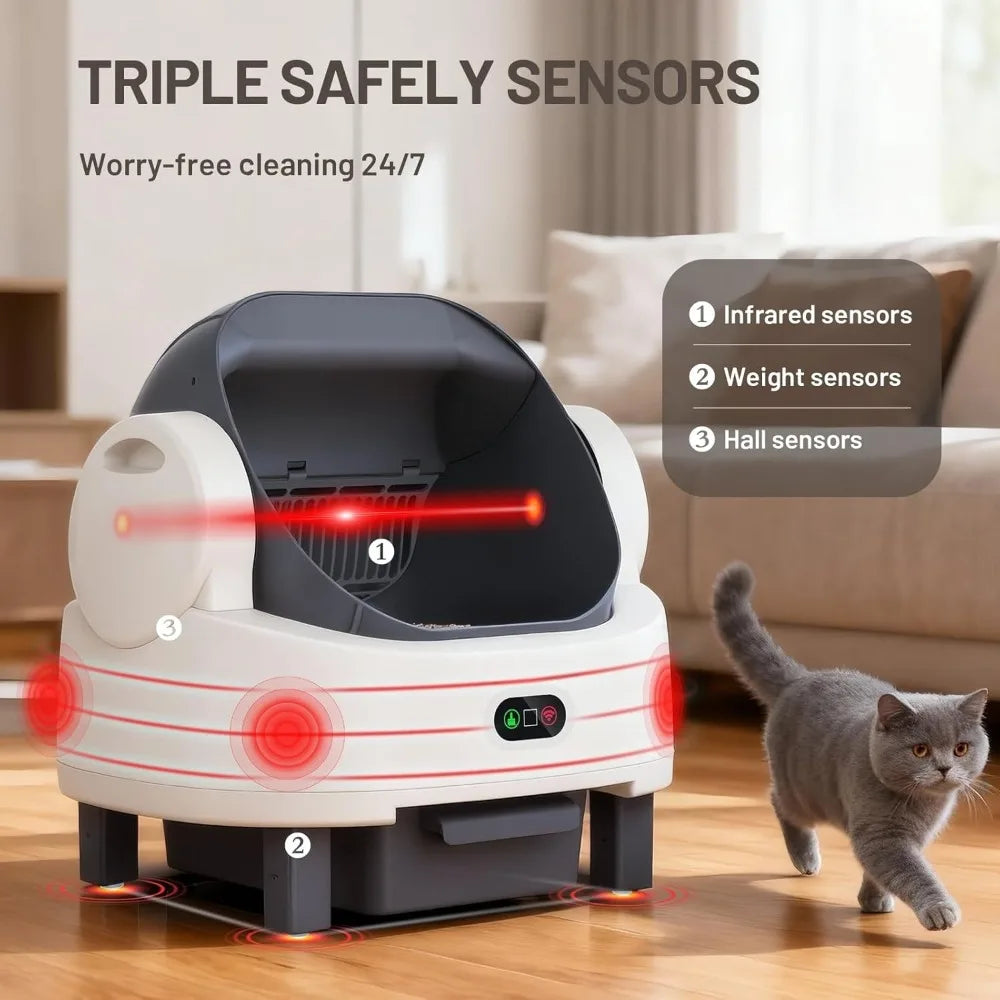 Automatic Cat Litter Box,with Smart APP Control,Triple Safety Sensors,Odor-Free,1 Rolls Bags & 1 Mat & 1 Open-Top Cat Litter Box