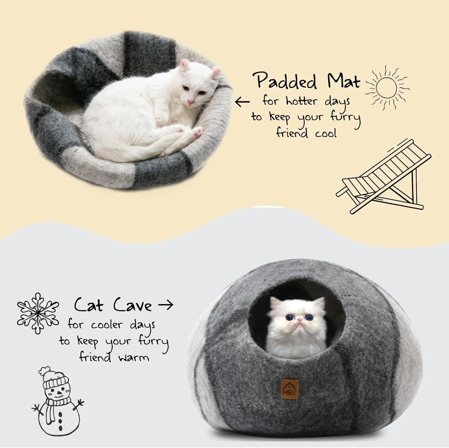 Premium Wool Cat Cave Handmade Natural Felt Bed for Cats Indoor Hideaway Large Gray White