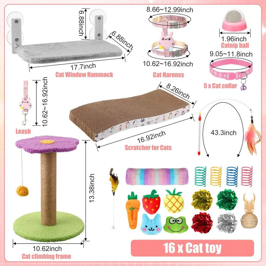 Pcs Kitten Starter Kit for Indoor Cats Include Cat Litter Box Toys, Hammock, Bed Scratch Pad, Climbing Post, Feed Bowls, Mat, Co