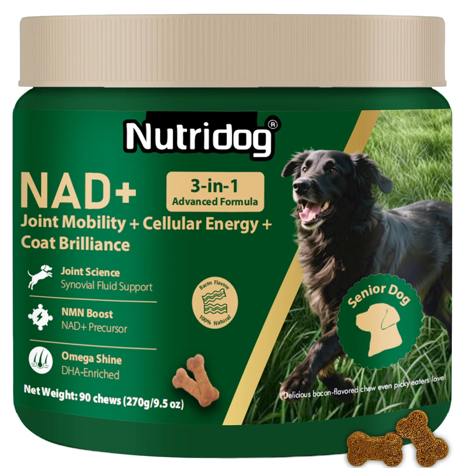 NUTRIDOG Senior Dog Vitamins Chews NAD Joint Mobility Cellular Energy Coat Brilliance Support for 3-In-1 Dogs Soft Chews