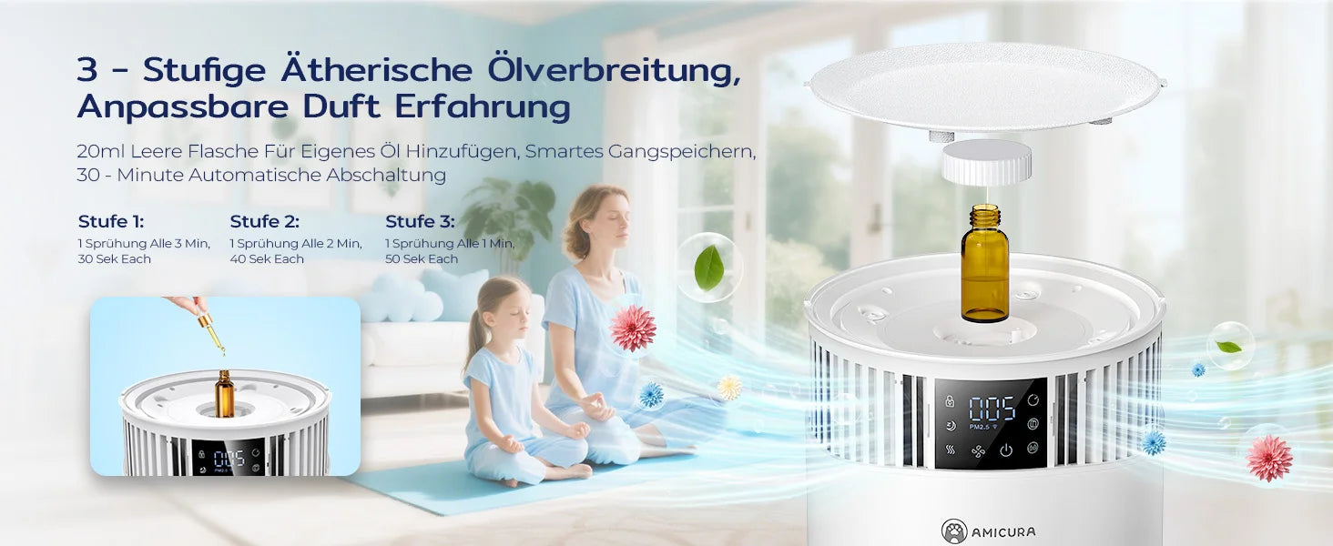 Amicura P2 Air Purifier for Pet Allergy Sufferers 843 m³/h Pet Hair Removal 450 CADR 99% Odour Neutralisation H13 Filter Against