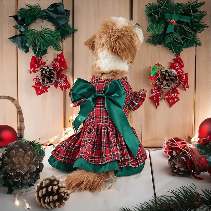 Christmas Plaid Pet Party Dress with Bow - Classic Outfit for Small Dogs