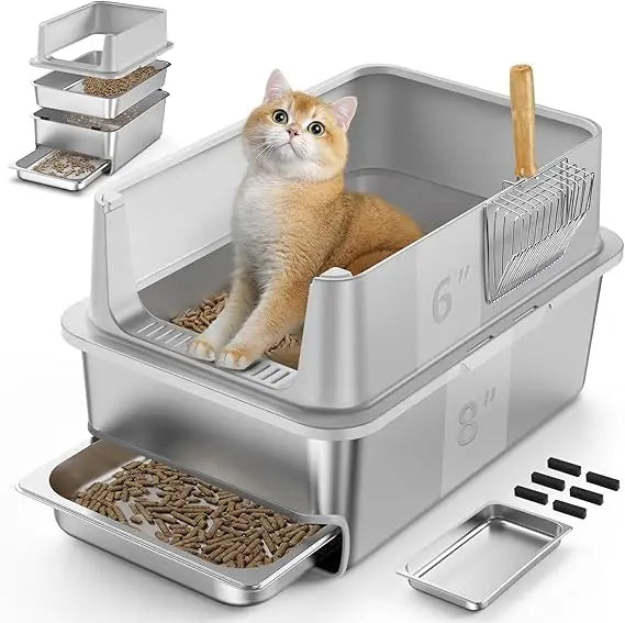 Extra Large Stainless Steel Sifting Litter Box with Drawers, 6 Lid & Metal Scoop, Ideal for XL Cats, Easy Clean Litter Tray