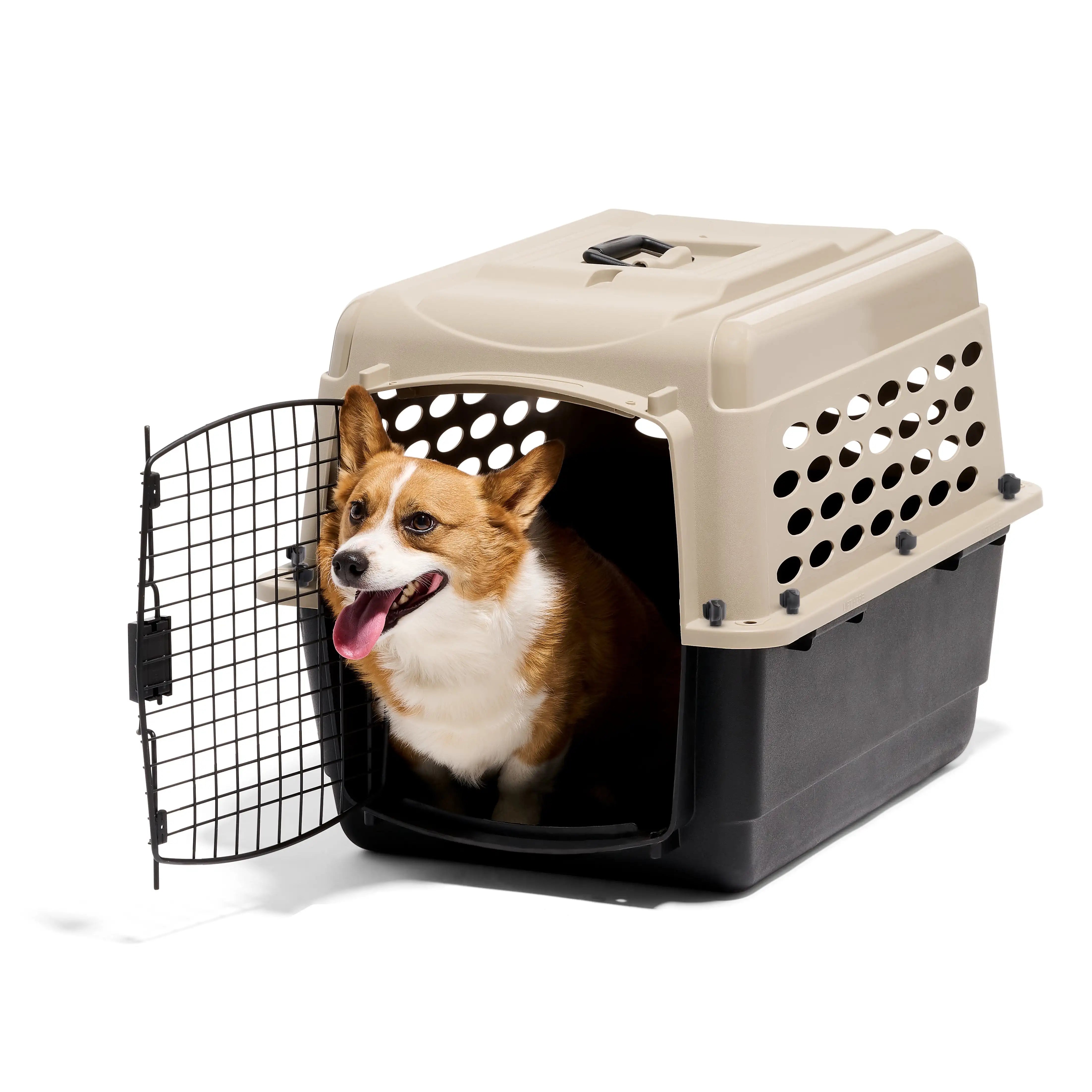 Small Plastic Dog Kennel 28" Airline Approved, Portable Pet Carrier for 20-30 lb Pets, Taupe Black Secure Travel Crate