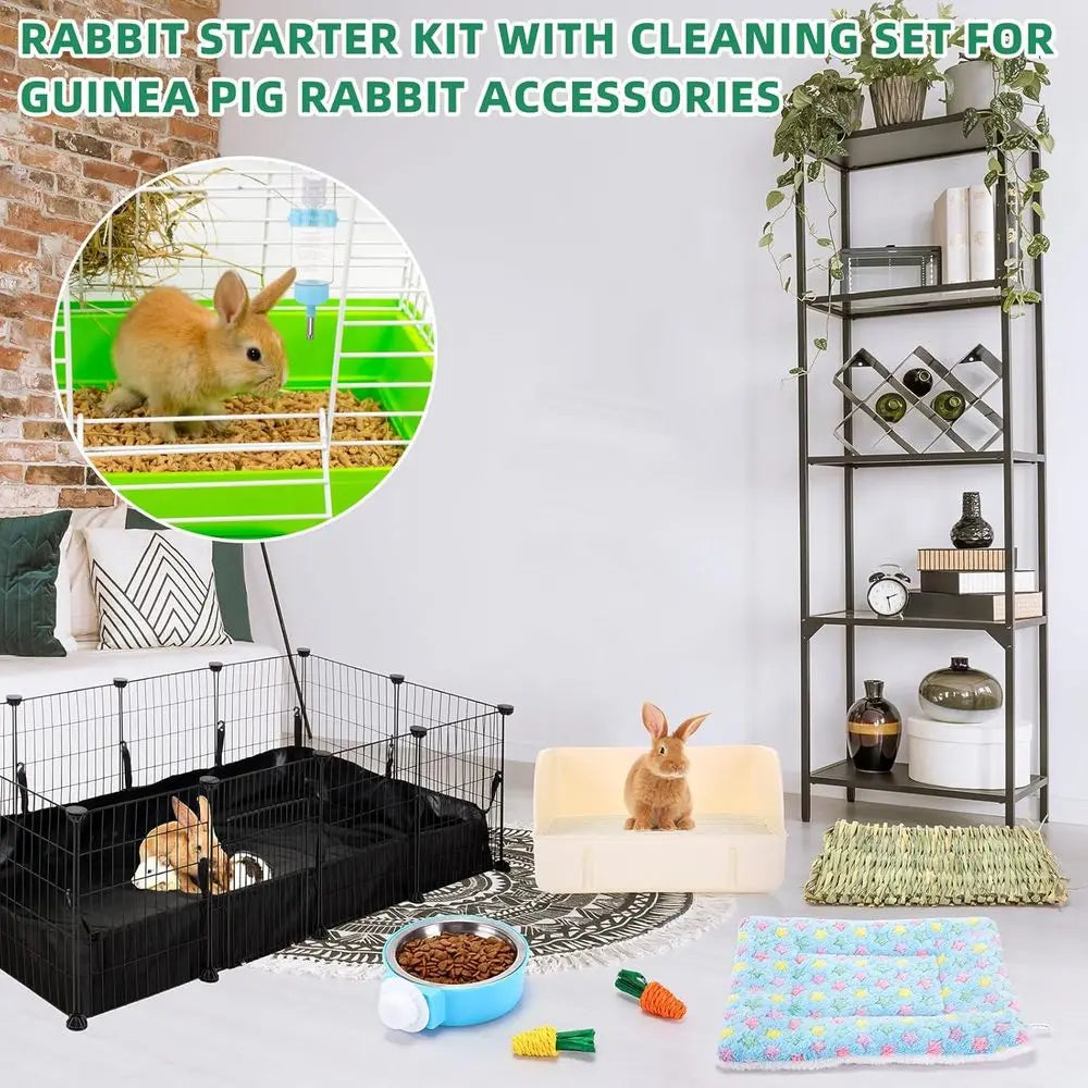 104 Pcs Rabbit Starter Kit Litter Box Bunny Tunnel Pet Playpen with Waterproof Mat Water Bottle Animal Grooming Kit Bowl Blanket
