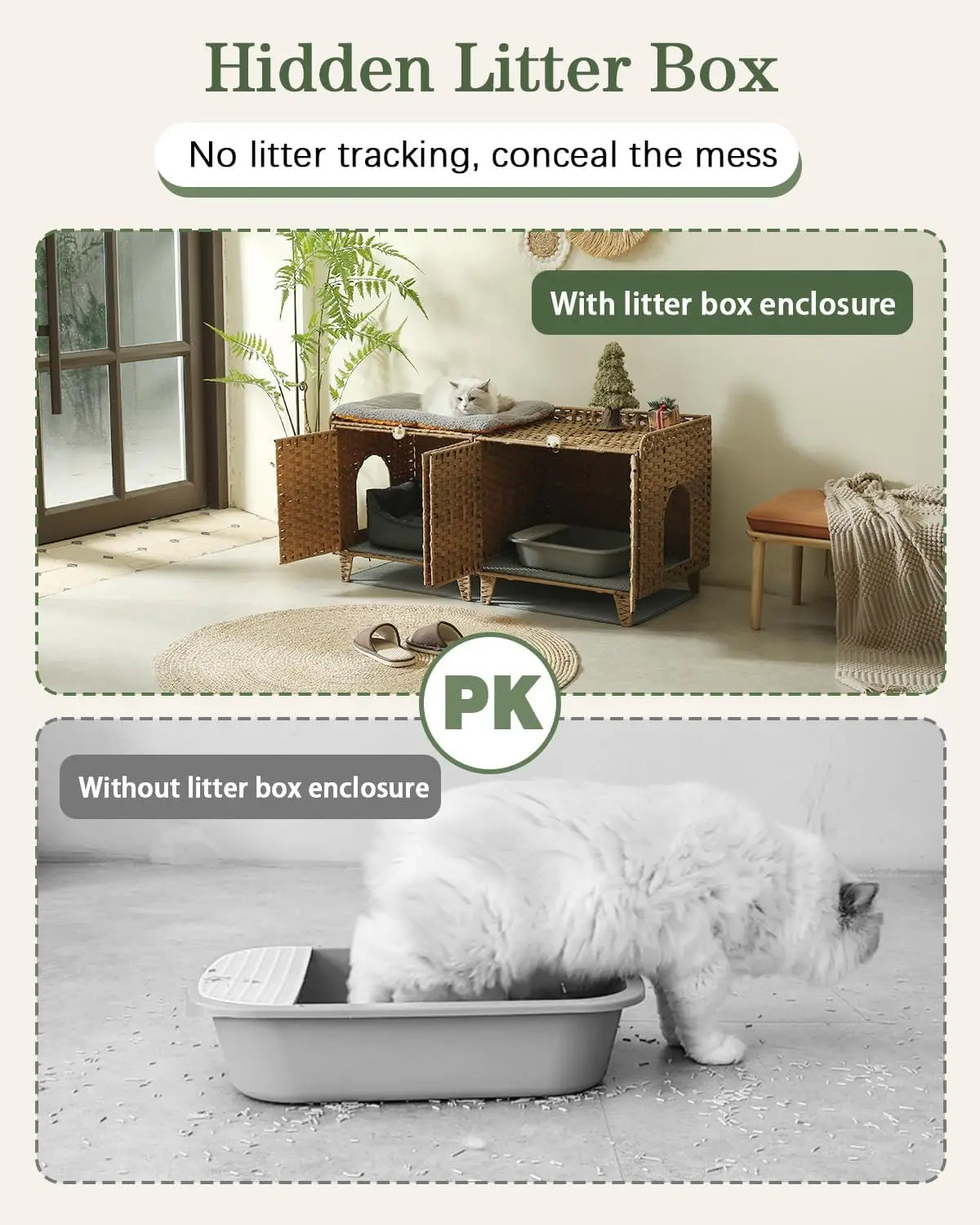 Cat Litter Box Enclosure for 2 Cats, Double Litter Box Furniture with Litter Mat,Large Rattan Hidden Kitty Cat House with Double