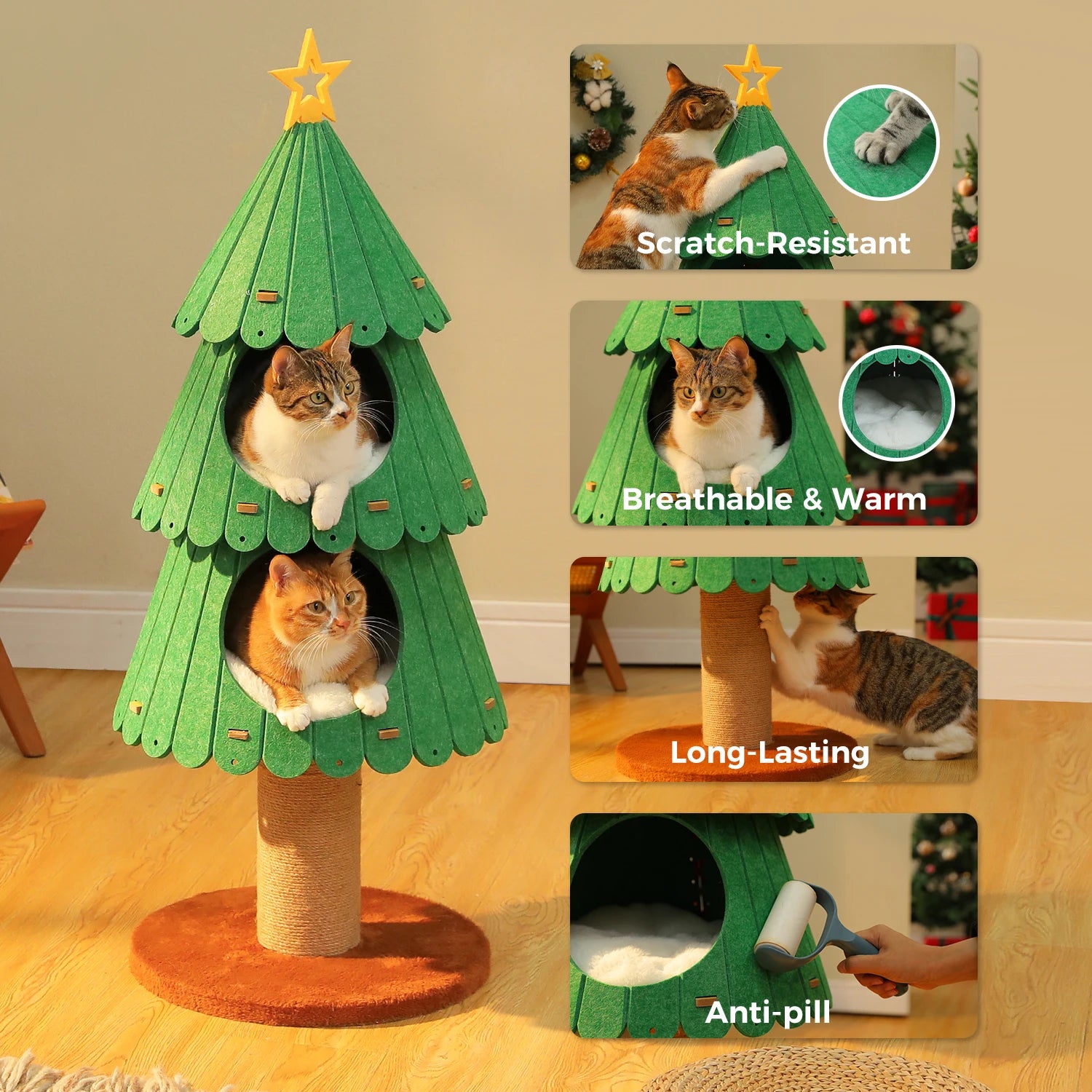 Christmas Cat Tree for Indoor Cats Cute Cat Tower with Cozy Condos Multi-Cat Climbing Furniture Large Cat Bed House Cat Toys