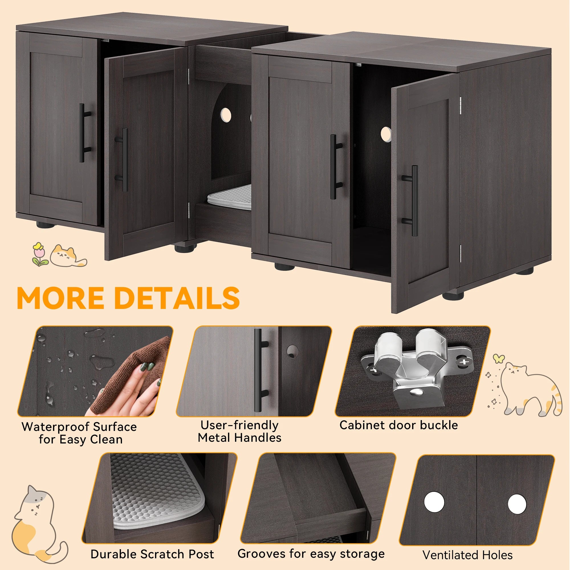 Double-Room Cat Litter Box Enclosure Furniture for 2 Cats - Wooden Design Discreet Home Decor Solution with Integrated Storage