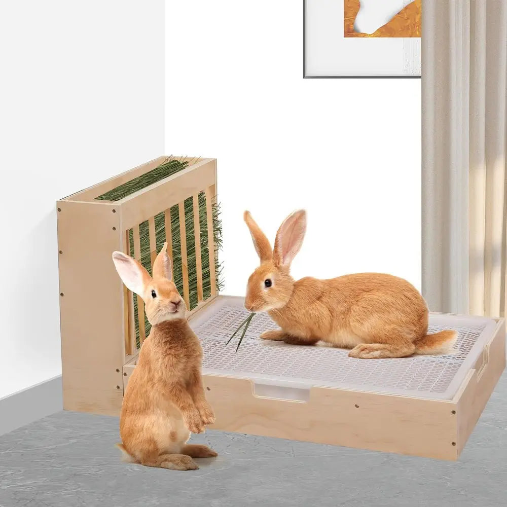 Extra-Large 2-in-1 Rabbit Hay Feeder & Litter Box Set, Wood, Mess Proof, for Guinea Pigs, Chinchillas, Hamsters, and Rabbits