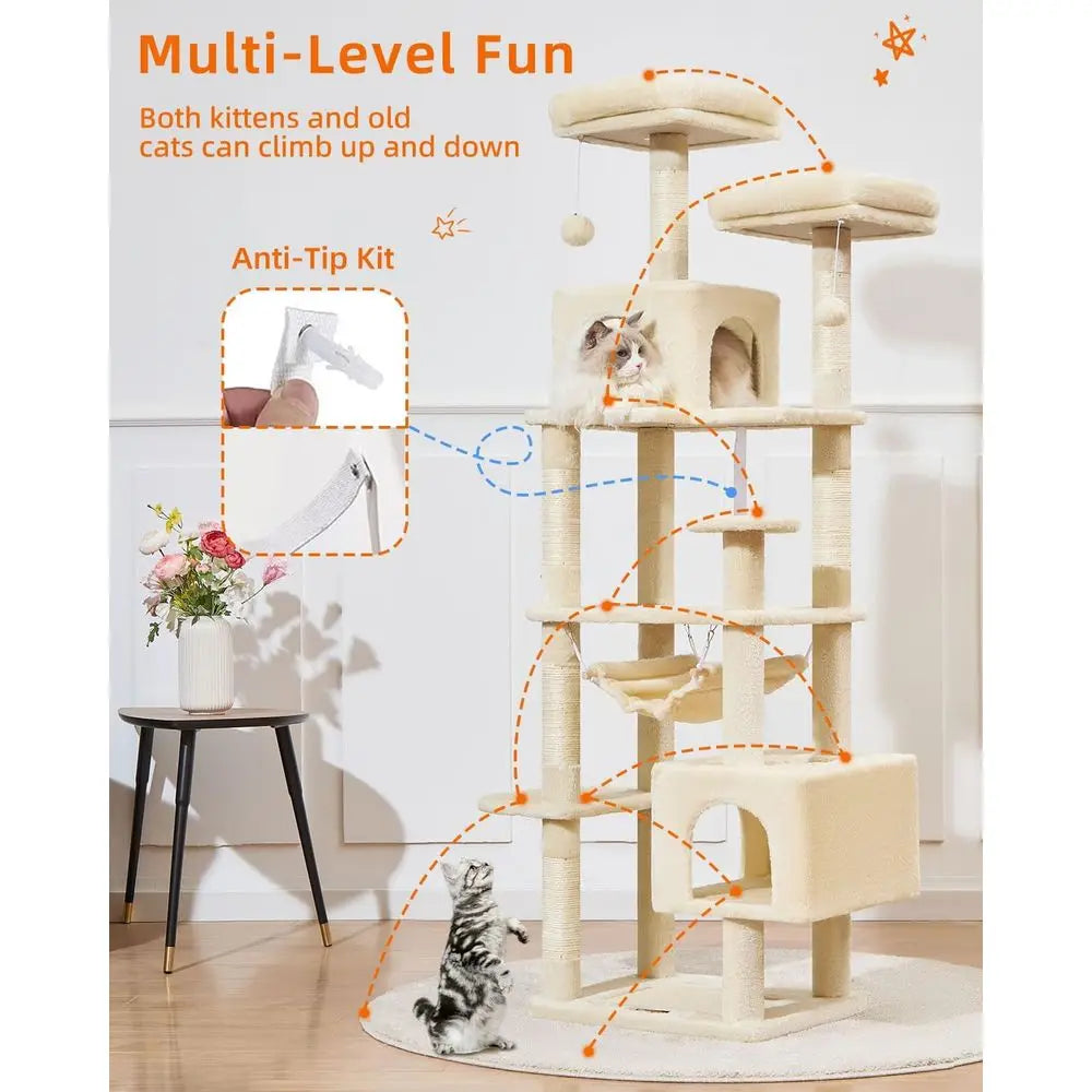 Taoqimiao Cat Tree, 68-Inch Cat Tree Cat Tower for Indoor Cats, Plush Multi-Level Cat Condo with 6 Scratching Posts, 2 Perches,