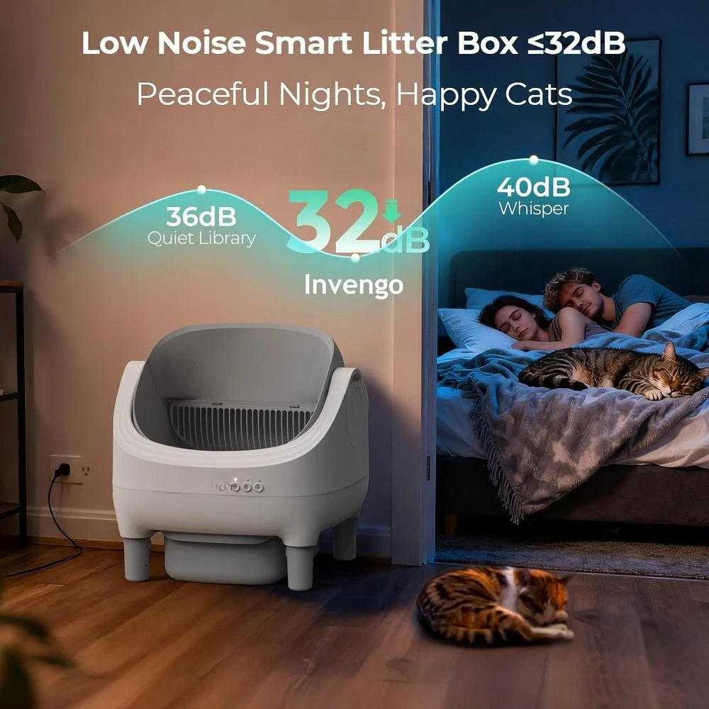 Smart Open-Top Cat Litter Box with Self-Cleaning, App Control, Safety Sensors, Odor Control, 10L Bin, 2 Garbage Rolls, Light Gre