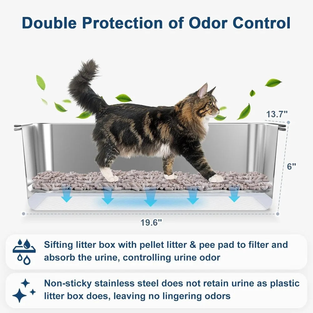 Stainless Steel Sifting Litter Box with Lid for Cats, Large Metal Pan for Pine Pellets, High Sides Cat Litter Box with Pine Pell