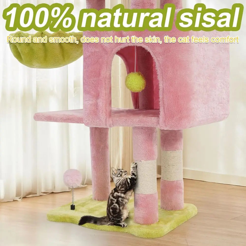 Pink Flower Perch Cat Tower for Large Indoor Cats, 41 Metal Frame Tree with Hammock and Scratching Post
