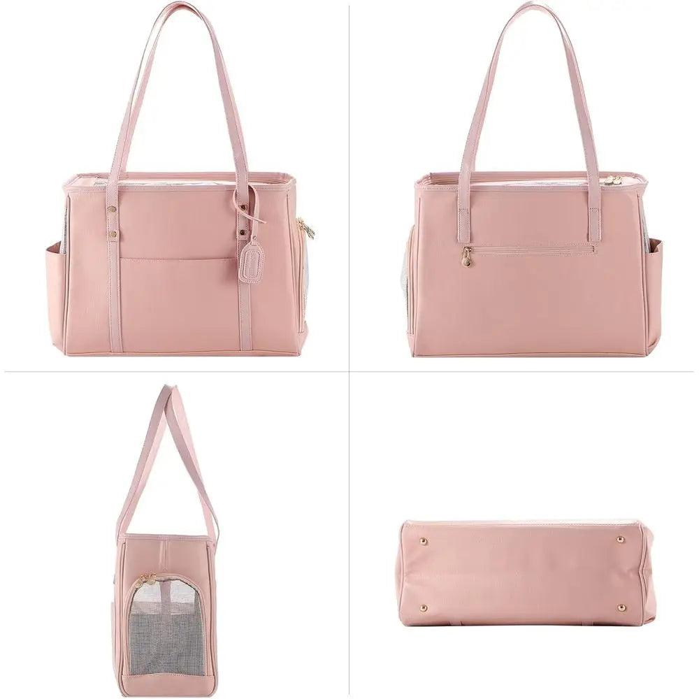 Fashion Dog Carrier Purse, Premium Leather Cat Carrier Bag, Airline Approved Soft Sided Pet Travel Tote Bag with Pockets Pink