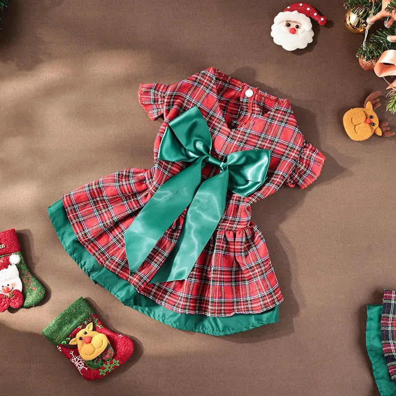 Christmas Plaid Pet Party Dress with Bow - Classic Outfit for Small Dogs