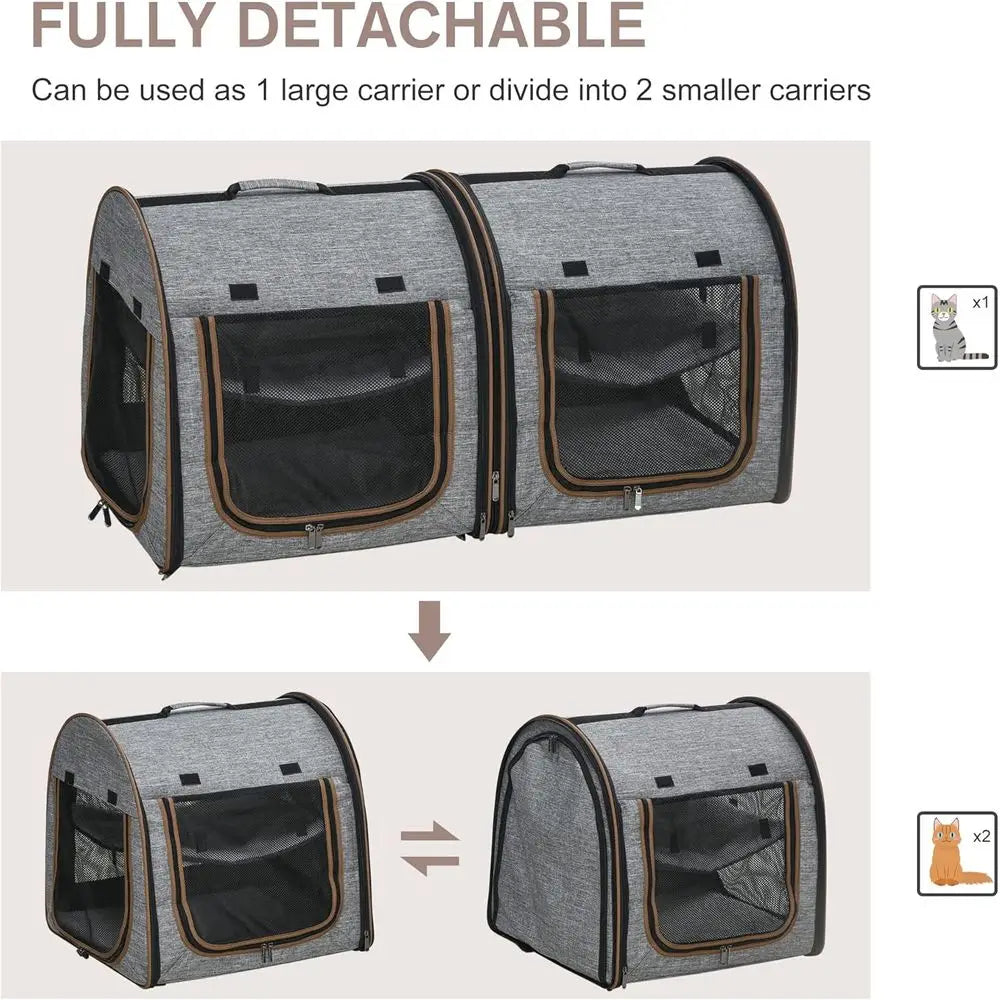 Portable Soft-Sided Cat Carrier for Travel, Dog Crate with Divider, Two Compartments, Cushions & Storage, Light Gray