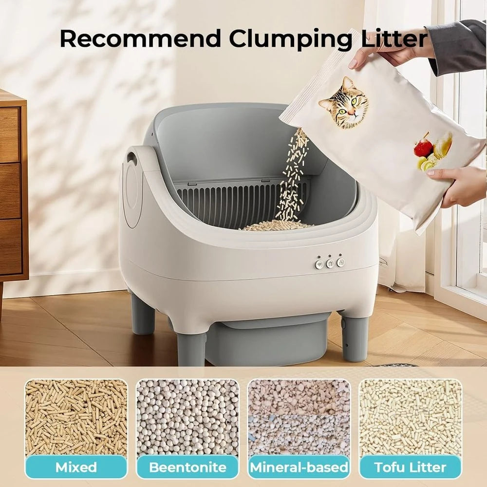 Smart Open-Top Cat Litter Box with Self-Cleaning, App Control, Safety Sensors, Odor Control, 10L Bin, 2 Garbage Rolls, Light Gre
