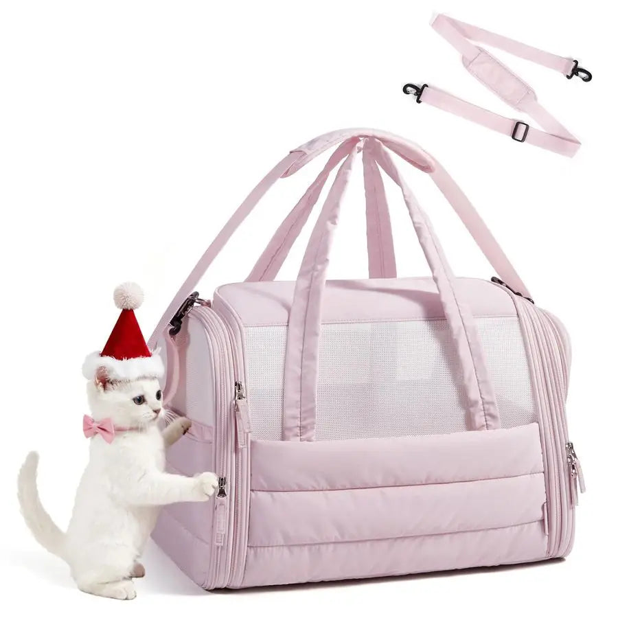 Cat Carrier SoftSided Pet Carrier for Small Medium Cats Dogs Puppy Quilted Collapsible Puffy Travel Bag Up to 20 Lbs Pink