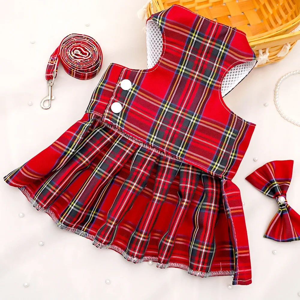 JK-Style Checkered Pet Dress Set - Bow Tie Harness Leash for Dogs & Cats (Christmas/Cosplay)
