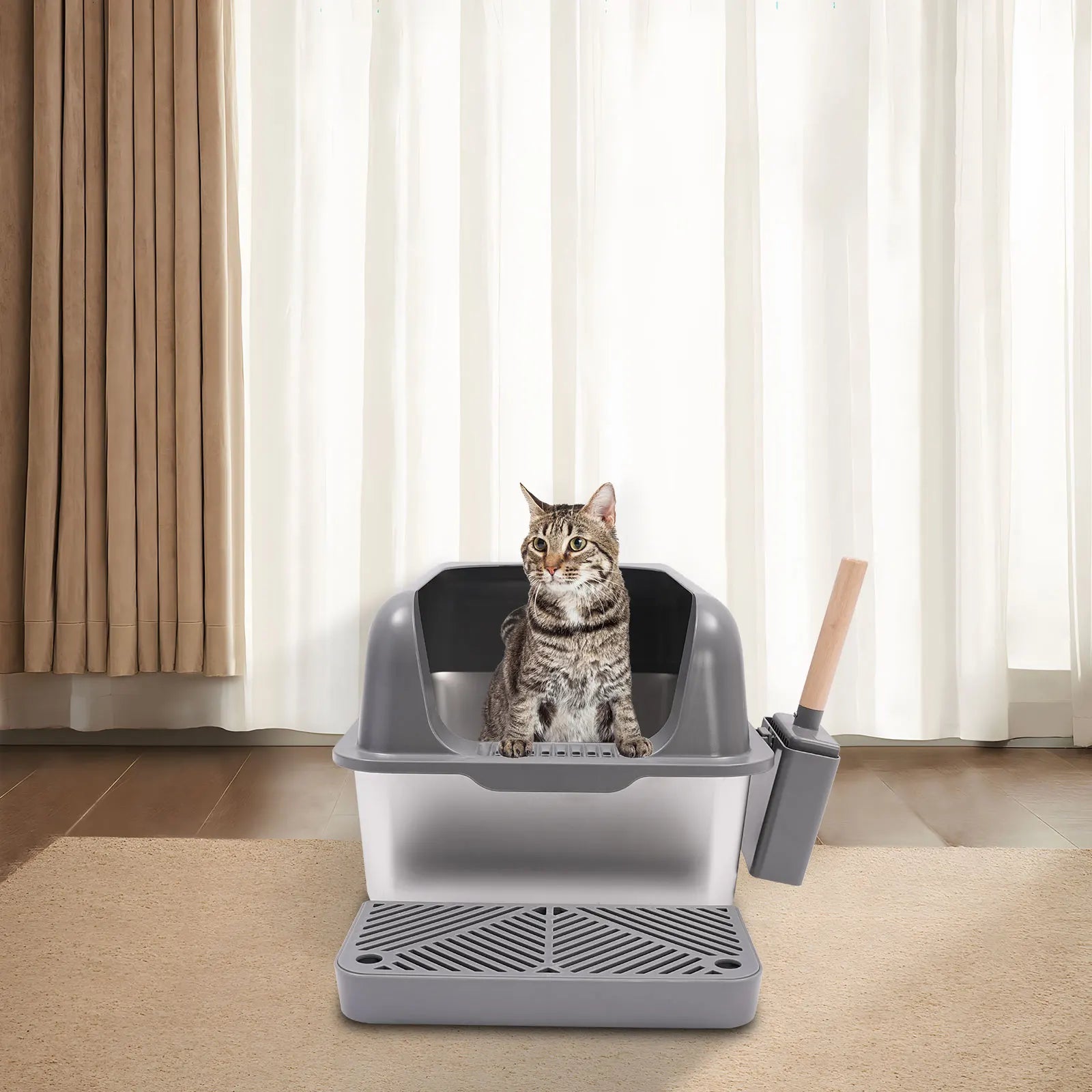 Stainless Steel Cat Litter Box with Protective Shovel Placed in Living Room, Hallway, Bedroom, Pet Store