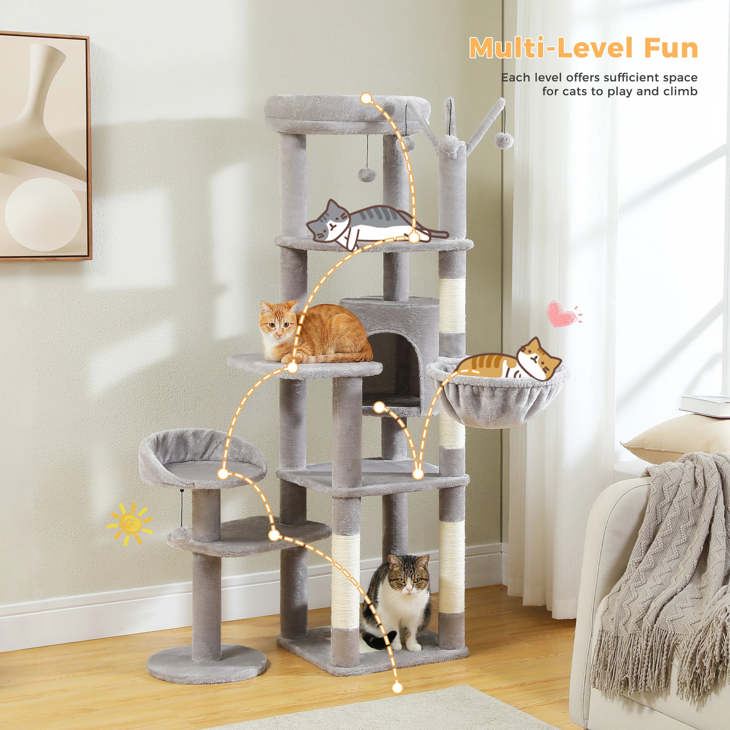 Large Cat Tree for Indoor Large Cats Tall Cat Tower for Fat Cats with Super Big Hammock, Cat Climbing Trees with Scratching Post