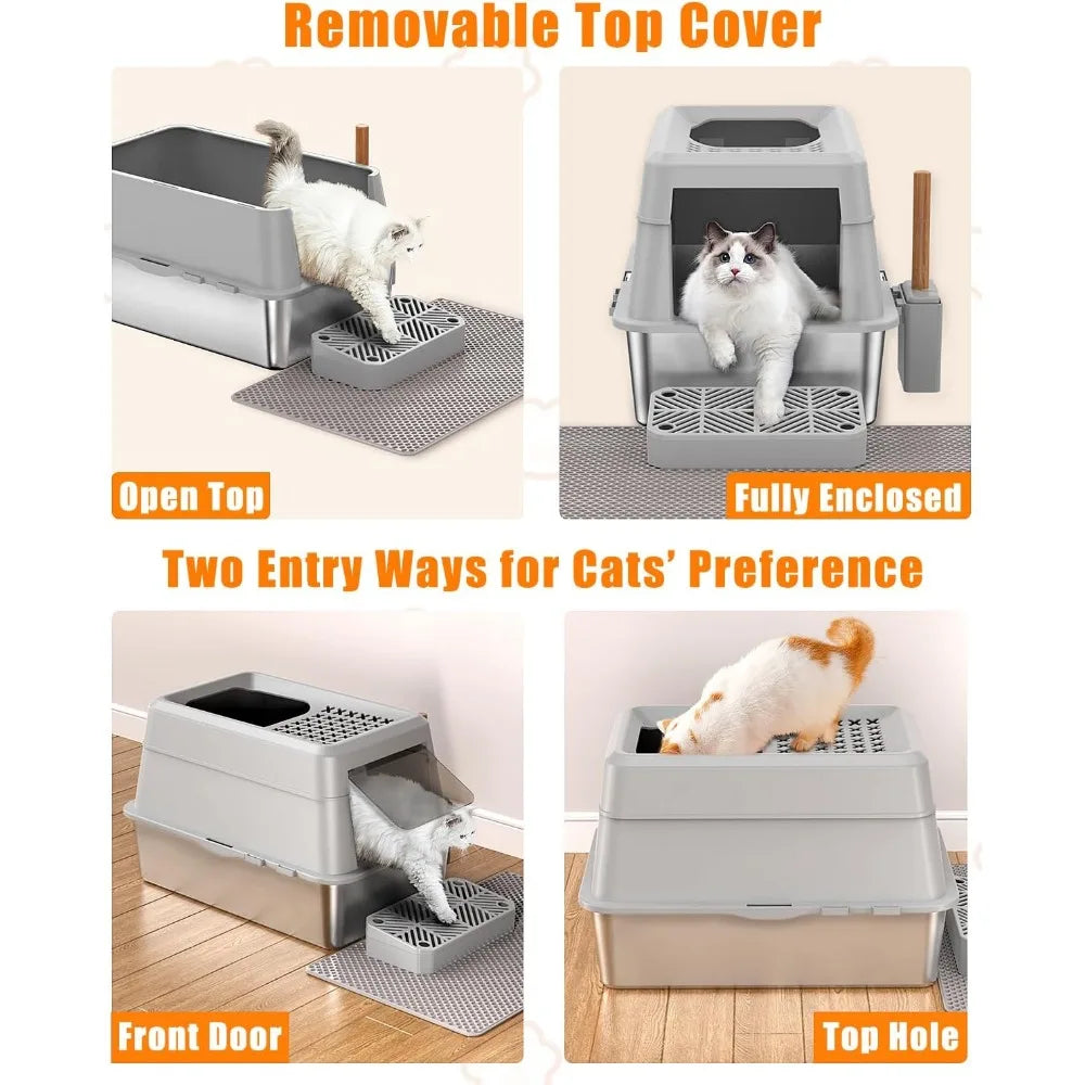 Extra Large Enclosed Metal Cat Litter Box with Lid for Large Cats, XL Covered Pet Waste Management Solution