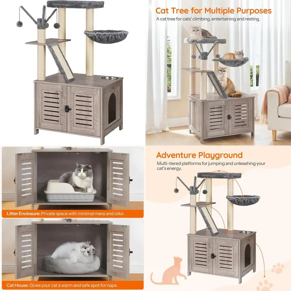 HOOBRO Cat Tree with Litter Box Enclosure, 44" Tall Wooden Cat Tower with Scratching Posts, Cat Hammock, Hidden Litter Box Furni