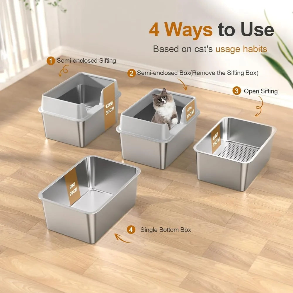 High-Sided Enclosed Sifting Cat Litter Box for Pine Pellets, Stainless Steel with Lid, Suitable for Small Cats, Easy Clean Metal