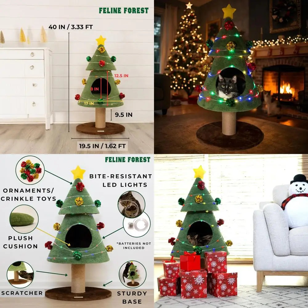 Cat Christmas Tree – Cat Proof Christmas Tree, 3ft Tall Safe for Cats with Cat-Safe Ornaments and LED Lights – Topple-Proof Desi