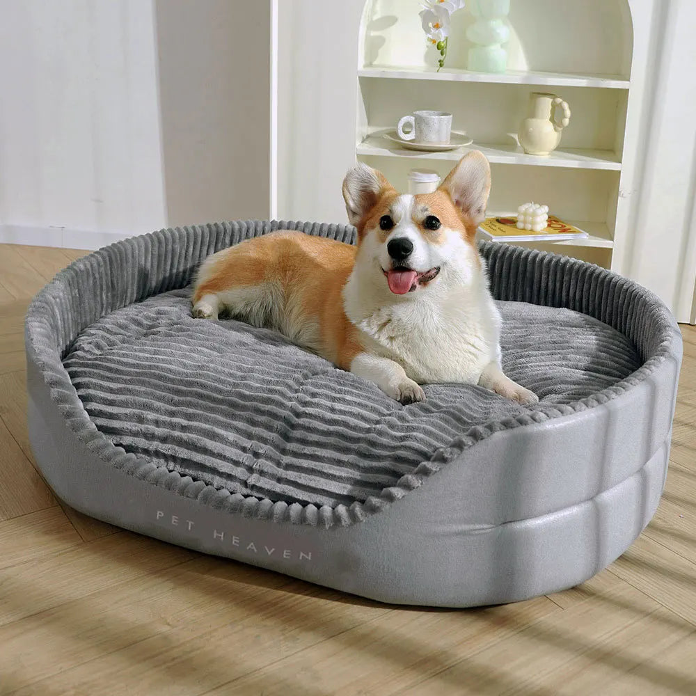 A super sized pet bed that is soft, dirt resistant, non slip, comfortable, suitable for living rooms, outdoor places, and suitab