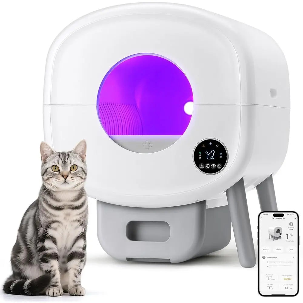 Large-Capacity Automatic Litter Box for Multiple Cats with App Control, Safety Features, and 2 Litter Bags - White