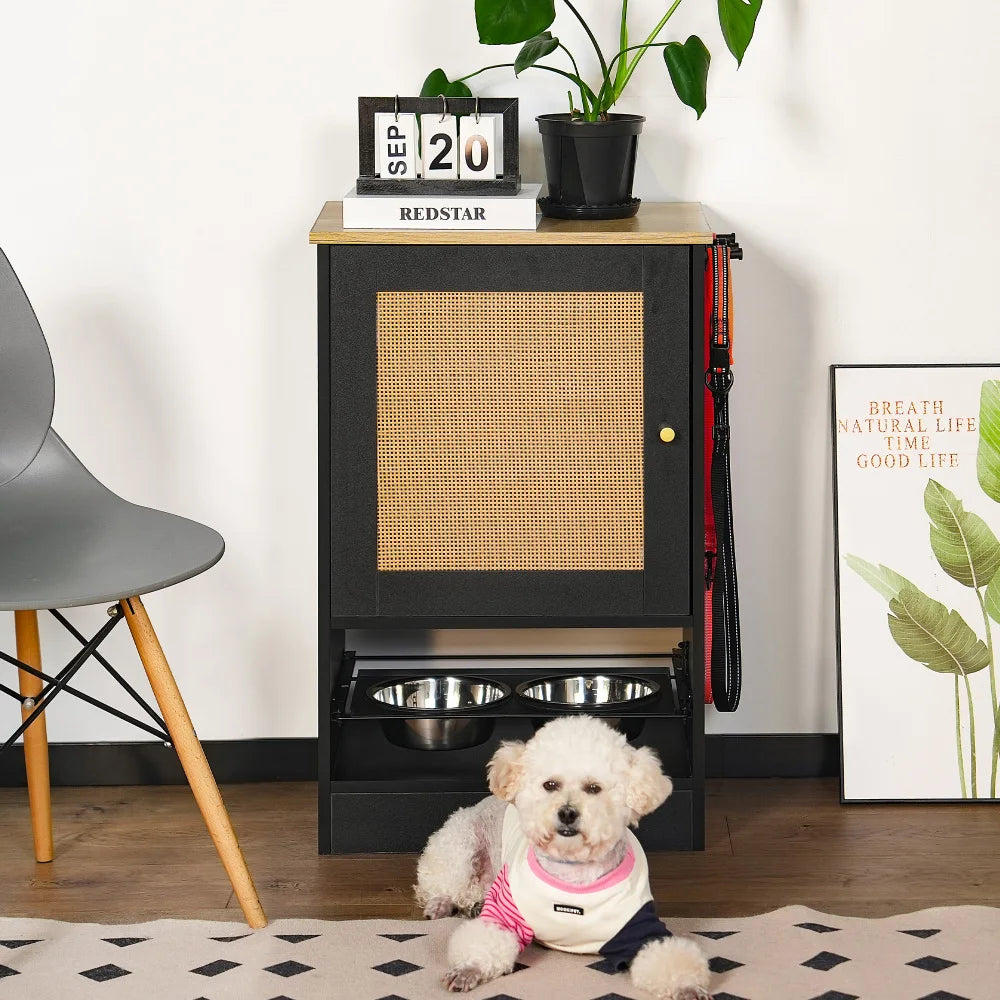 Feeding Station with 1 Storage Cabinets, Pet Feeding Station with 2 Elevated Dog Bowls, Side Hooks, Anti-tip Kit