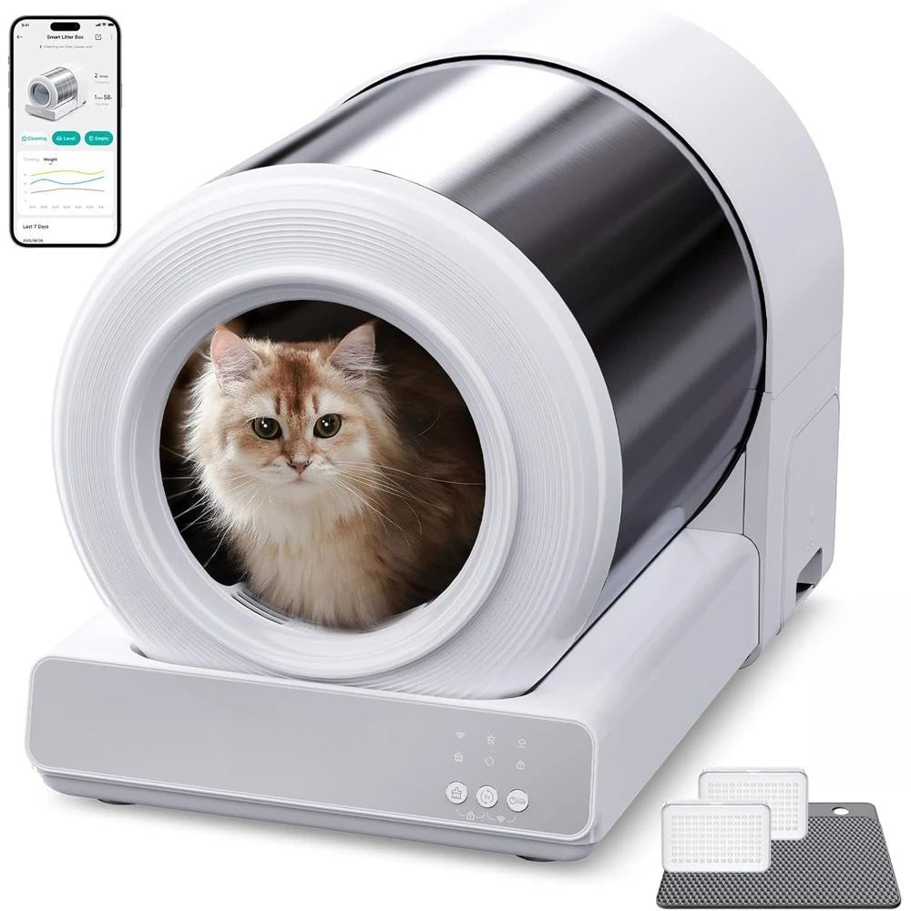 Smart Stainless Steel Cat Litter Box with Automatic Cleaning, App-Controlled, Low Entry, Safety Sensors, Mat & Bags Included