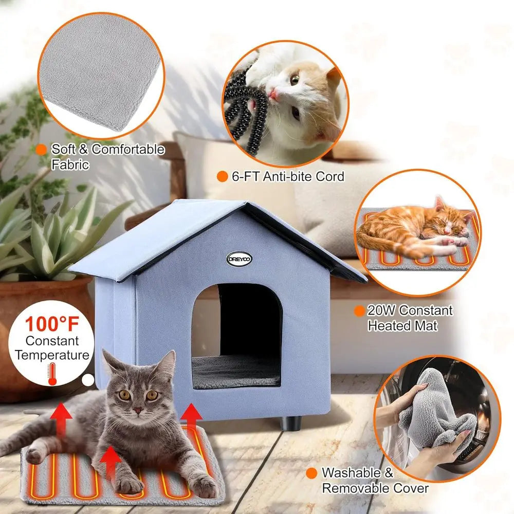 Double-Door Insulated Outdoor Cat House with Heated Bed for Winter, Weatherproof Shelter for Feral Cats and Small Pets (Blue)