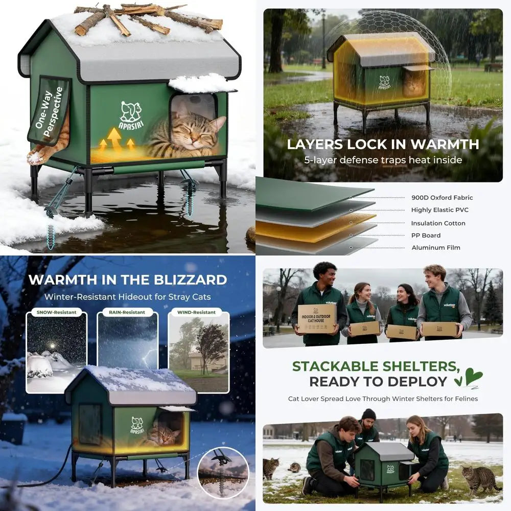 Durable Insulated Outdoor Heated Cat House with Escape Hatches, Anti-Peep Curtains, and Weatherproof Design for Small Cats