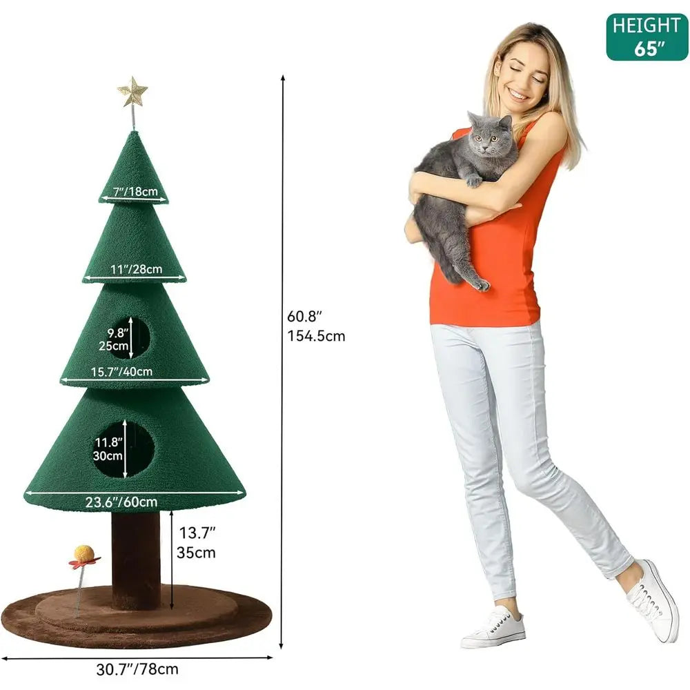 60" Christmas Cat Houses for Indoor Cats, Christmas Cat Tree Tower with 2 Cozy Houses, Kitty Furniture with Teaser Plaything for