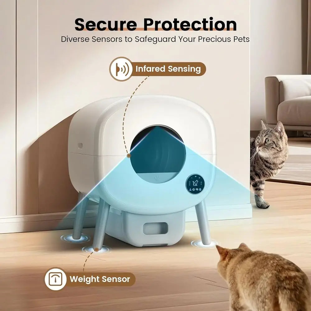 Large-Capacity Automatic Litter Box for Multiple Cats with App Control, Safety Features, and 2 Litter Bags - White
