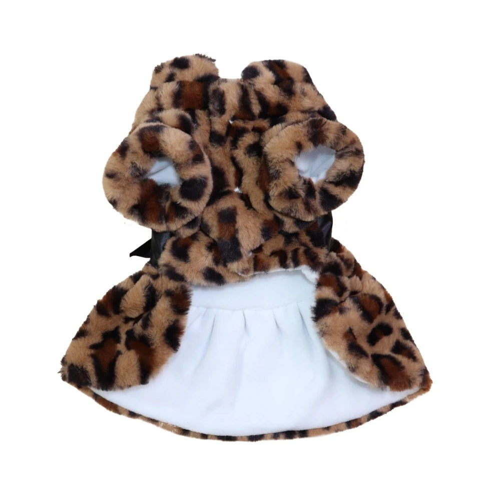 Autumn Winter Pet Dog Clothes Plush Coat Leopard Print Dress for Small Dog Cat Jacket Faux Fluffy Bowknot Skirt Bulldog Pug Pood