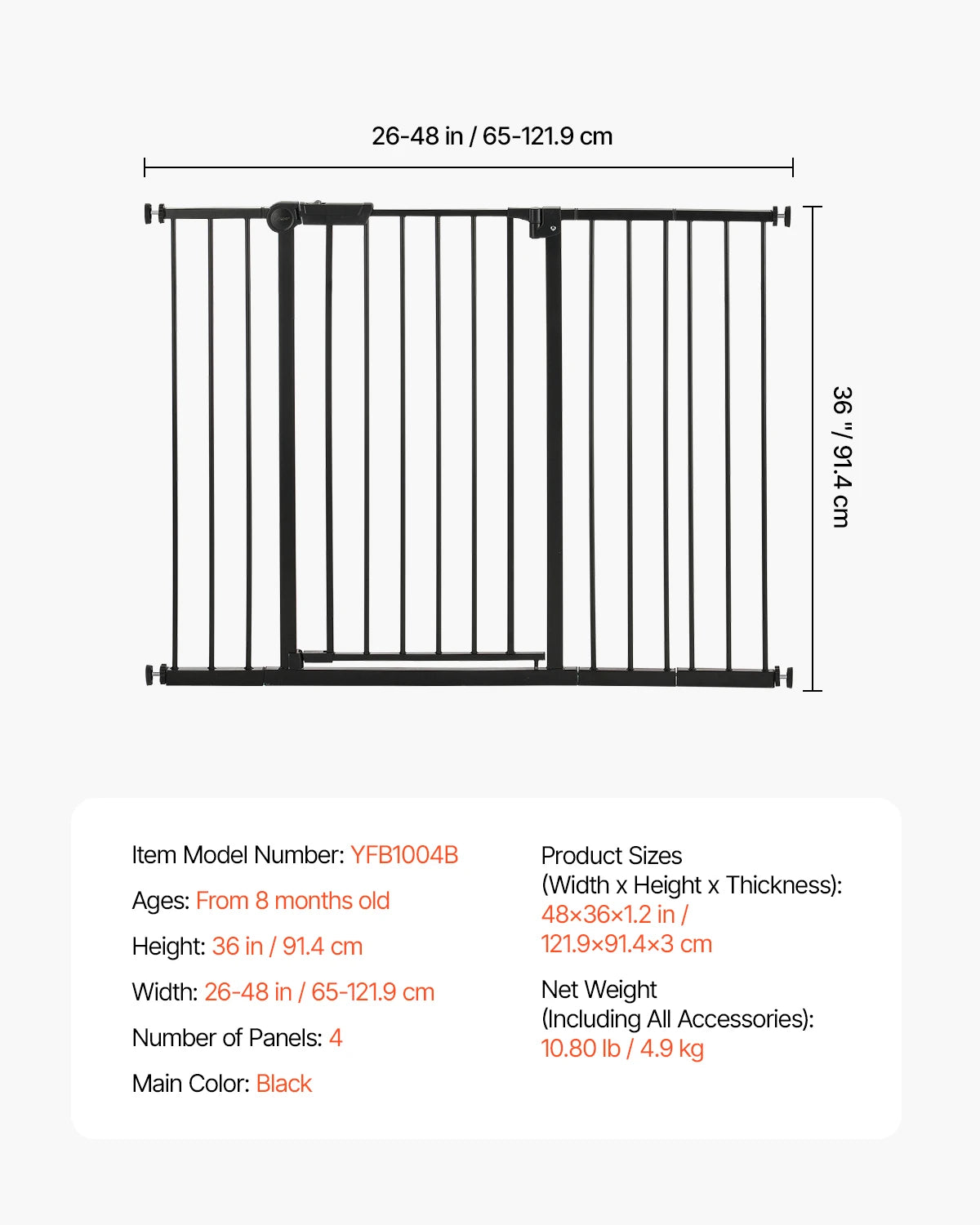 VEVOR Baby Gate 28/30/36 Inches High Dog Gate Easy Step Walk Thru Child Pet Security Pressure Mount Kit Wall Cups Doorways