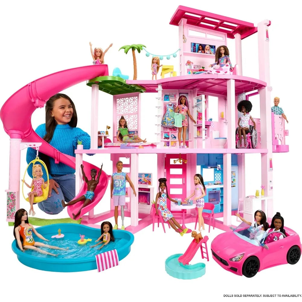 barbie dreamhouse, doll house playset with 75+ pieces including toy furniture & 3-story pool slide, pet elevator & puppy play ar