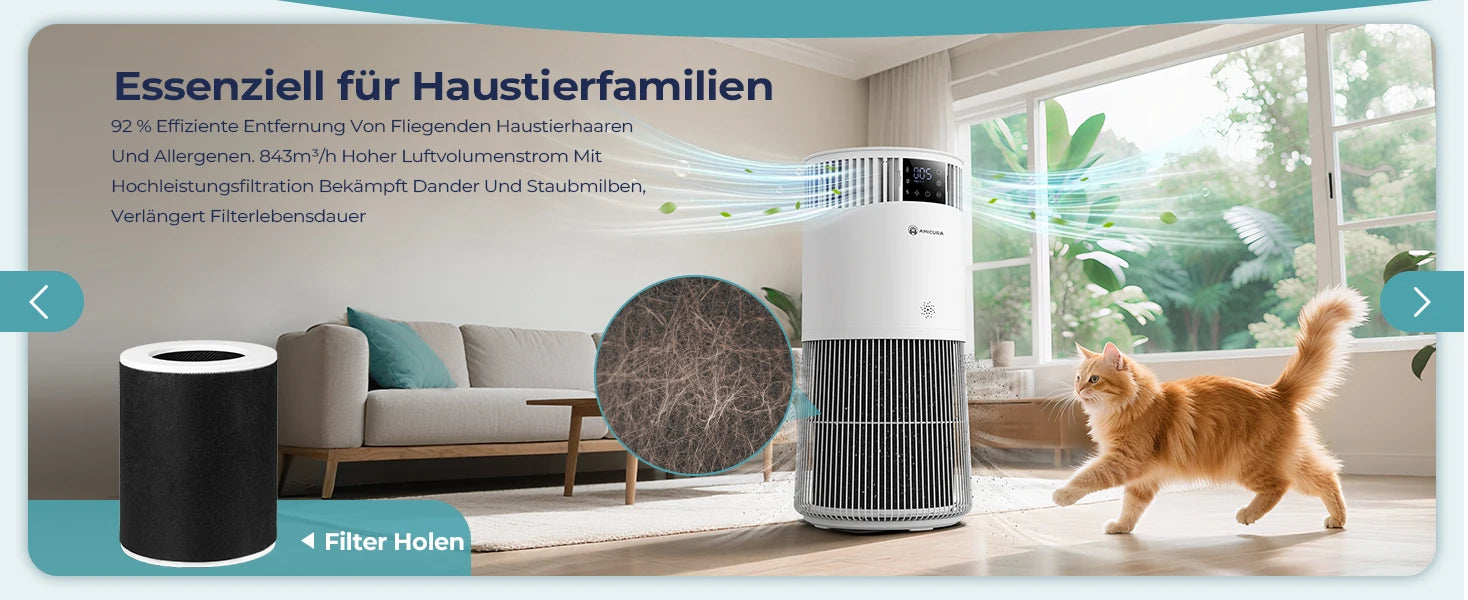 Amicura P2 Air Purifier for Pet Allergy Sufferers 843 m³/h Pet Hair Removal 450 CADR 99% Odour Neutralisation H13 Filter Against